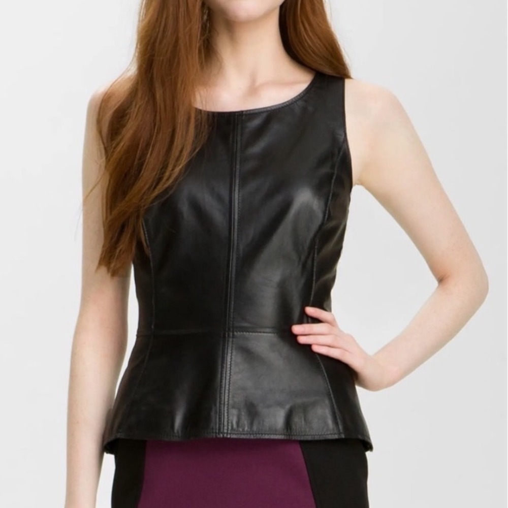 Halogen 100% Leather Front Peplum Top Sleeveless Zip Back S Black Whimsigoth